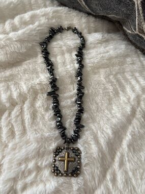 Black Bead Cross Pendant Necklace - Women's Jewelry